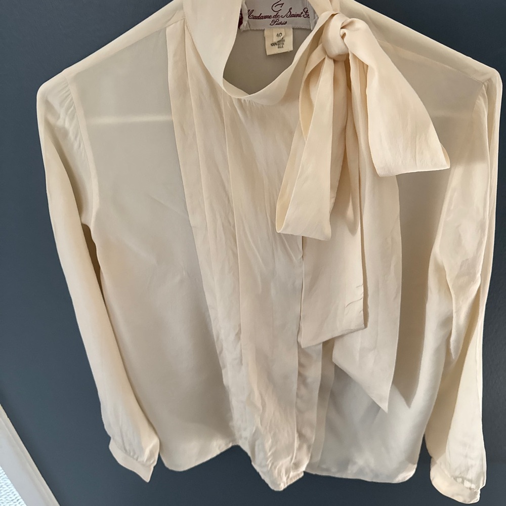 Elegant Cream Silk Blouse with Bow